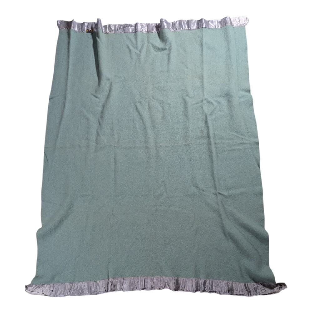 Vtg 1970s Harmony House Seafoam Green Wool Satin Edge Throw Blanket 56 x 70
